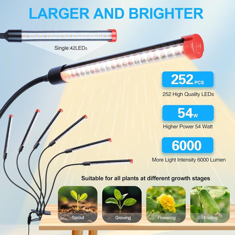 FECiDA GameChanger! 54W, NOT 15W, 6Head Strong Clip Grow Lights for Indoor Plants with Timer, Best Gift for Plants Lover, LED Plant Growing Lamp for Houseplants, Bonsai, Seed Starting, Seedlings, VEG, Flower - Image 2